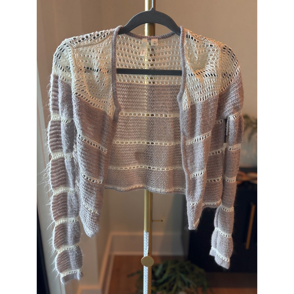 Frenchi Womens Small Mauve Cream Crochet Striped Open Front Cropped Cardigan